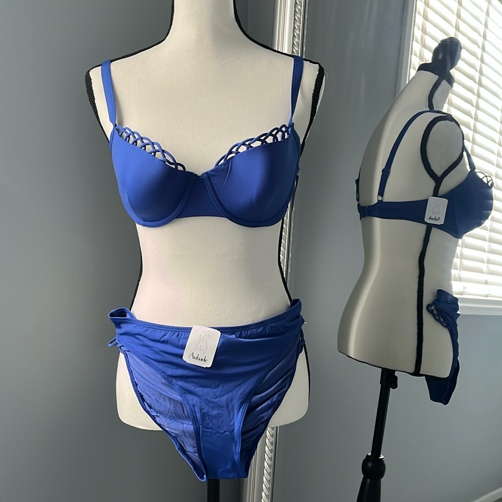 Authentic AUBADE bikini in beautiful blue with braided detail. 36C bra/M bottom